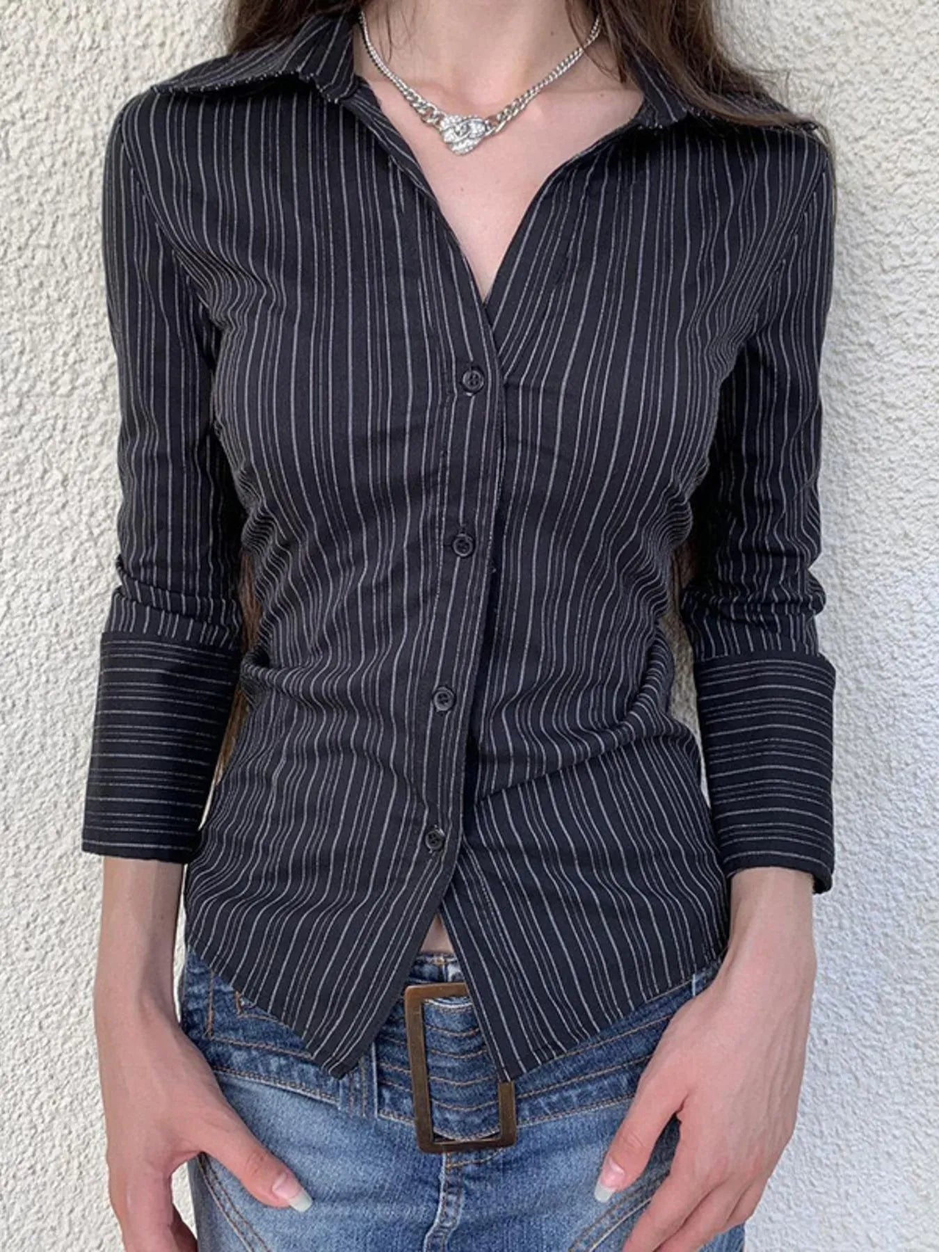 Sarah Express Women's Striped Button-Down Collared Shirt Black Long Sleeves