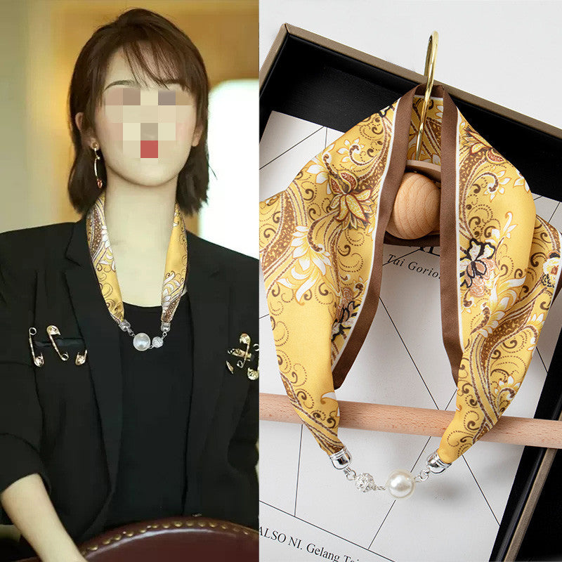 Magnetic Buckle Silk Scarf with Pearl Detail Women's Rectangular Necklace Scarf