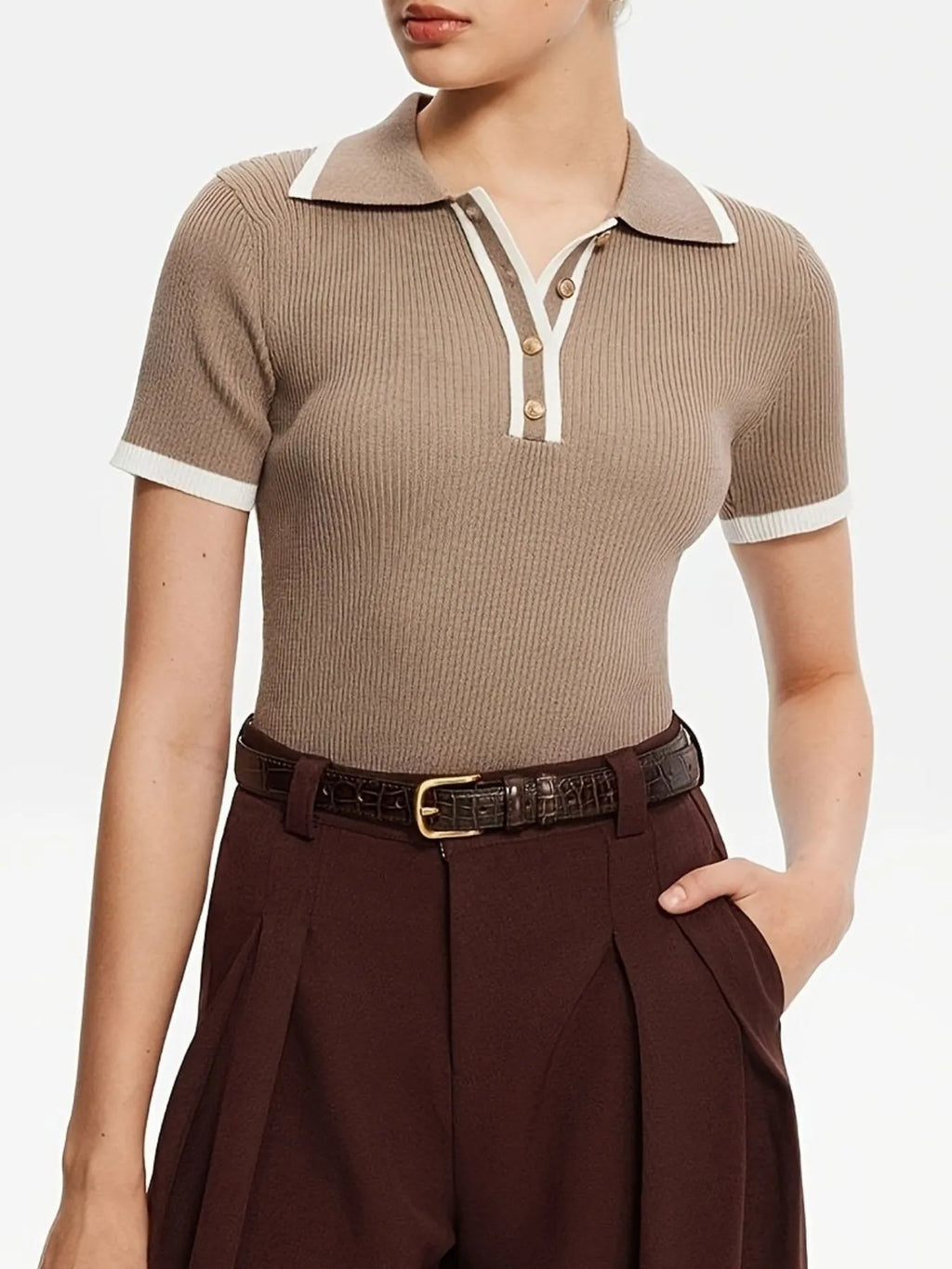 Sarah Express Women's Contrast Trim Button Detail Polo