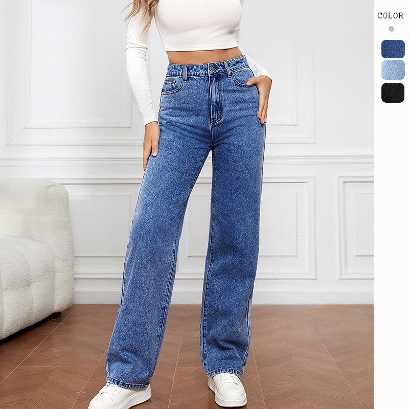 Women's Mid-Waist Straight Leg Jeans - Washed Cotton Denim S-5XL Available in 9 Colors