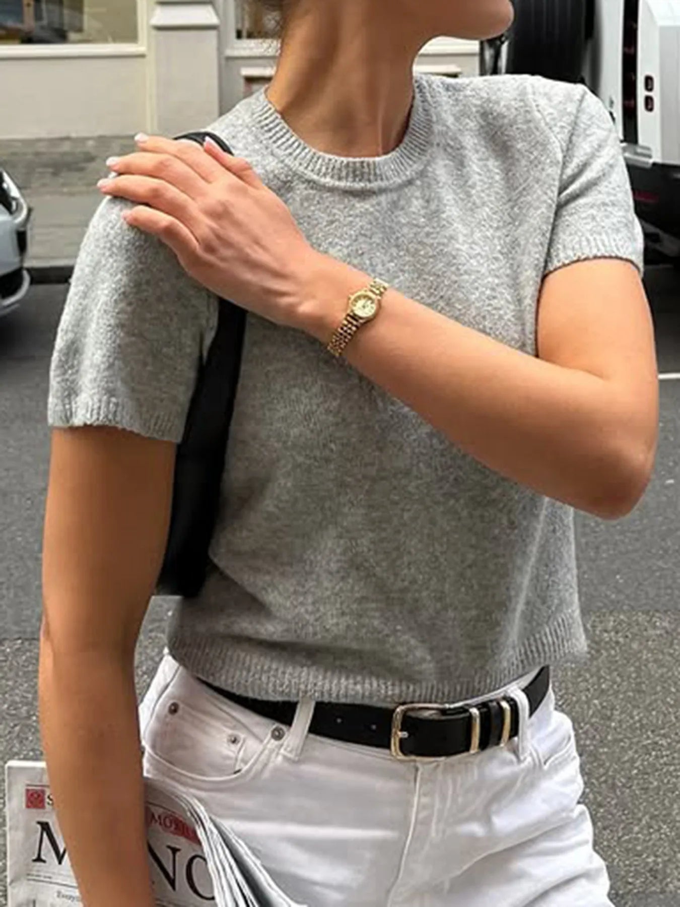 Sarah Express Women's Round Neck Short Sleeve Sweater Dark Gray