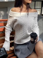 Sarah Express Women's Off-Shoulder Cable Knit Sweater White