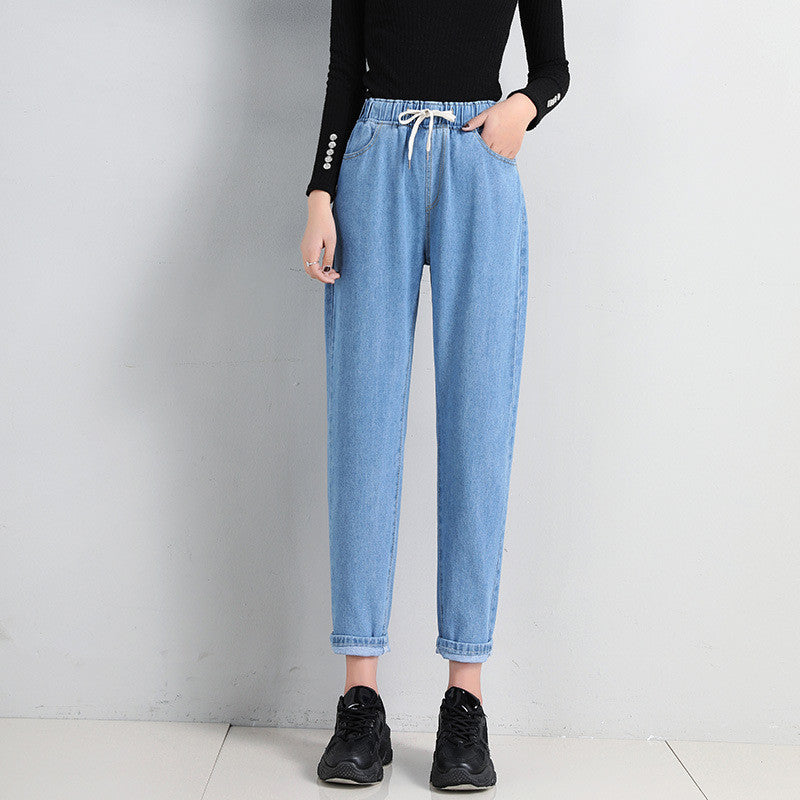Women's High Waist Straight Leg Cropped Denim Jeans Elastic Waist