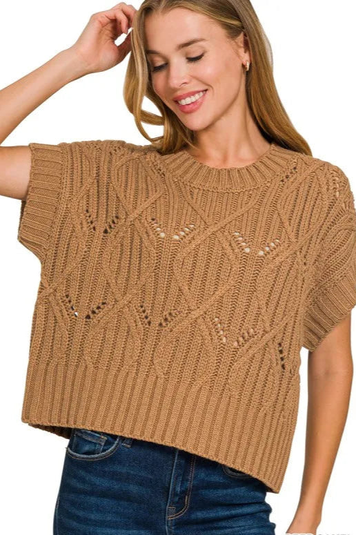 Sarah Express Women’s Short Sleeve Cable Knit Sweater Casual All-Season