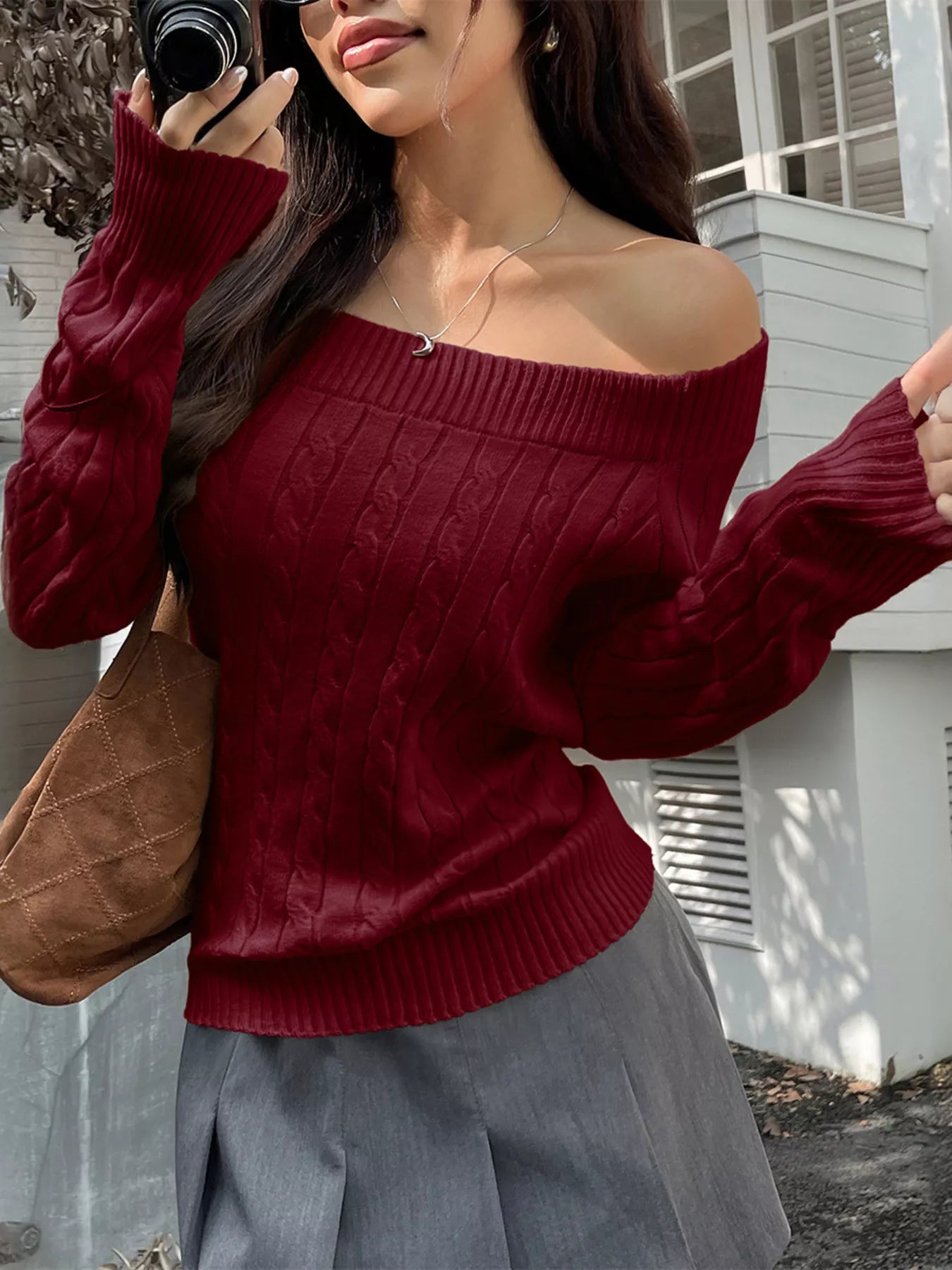 Sarah Express Women's Off-Shoulder Cable Knit Sweater Burgundy