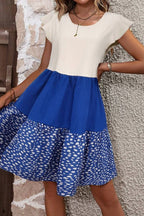 Color Block Floral Print Dress Ruffle Detail Pullover