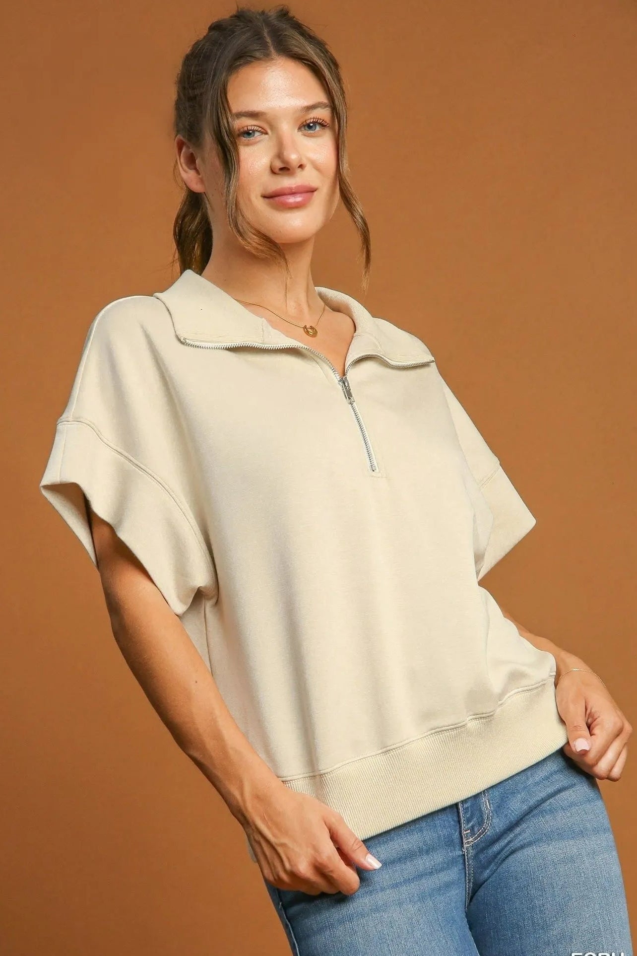 Sarah Express Women’s Plus Size Short Sleeve Half-Zip Top Casual