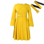 Women's Long Sleeve Belted Swing Dress - Elegant High Waist Mid-Length Dress