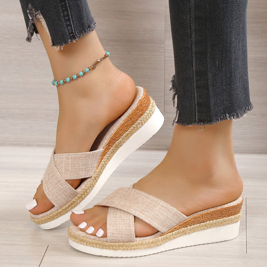 Sarah Express Women's Hemp Wedge Platform Sandals | Fish-Mouth Toe Roman Style