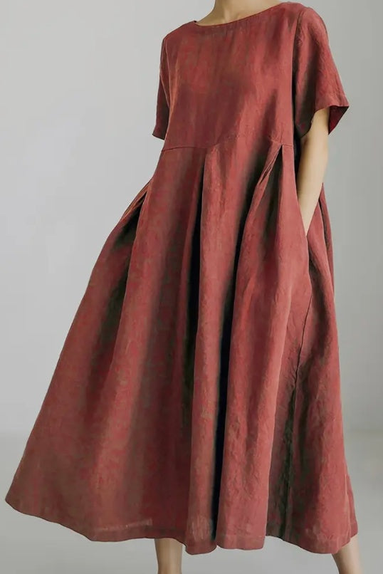 Cotton Linen Fitted Dress Short Sleeve Crew Neck with Pockets