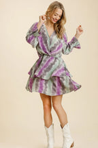 Sarah Express women’s tie-dye layered dress with a comfortable elastic waistband and feminine ruffle details.