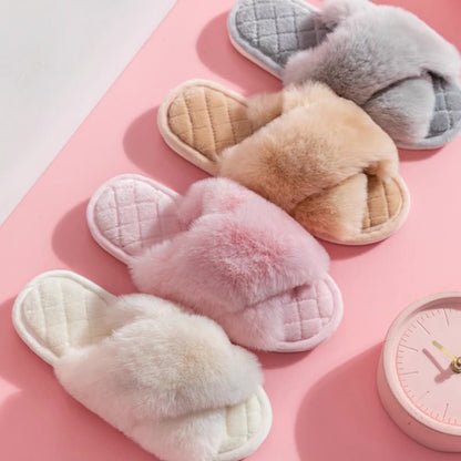 Sarah Express Furry Cross-Strap Plush Slides Indoor Slippers