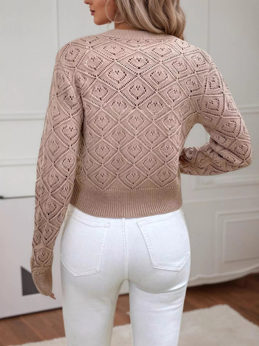 Sarah Express Women's Openwork Button Up Long Sleeve Cardigan