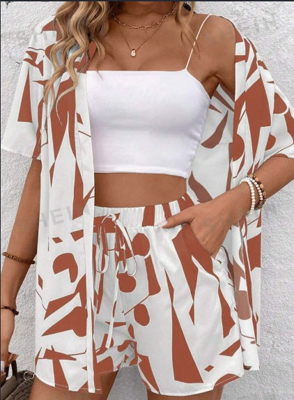 Geometric Print Button-Up Top Shorts Two-Piece Set Color Block Short Sleeve