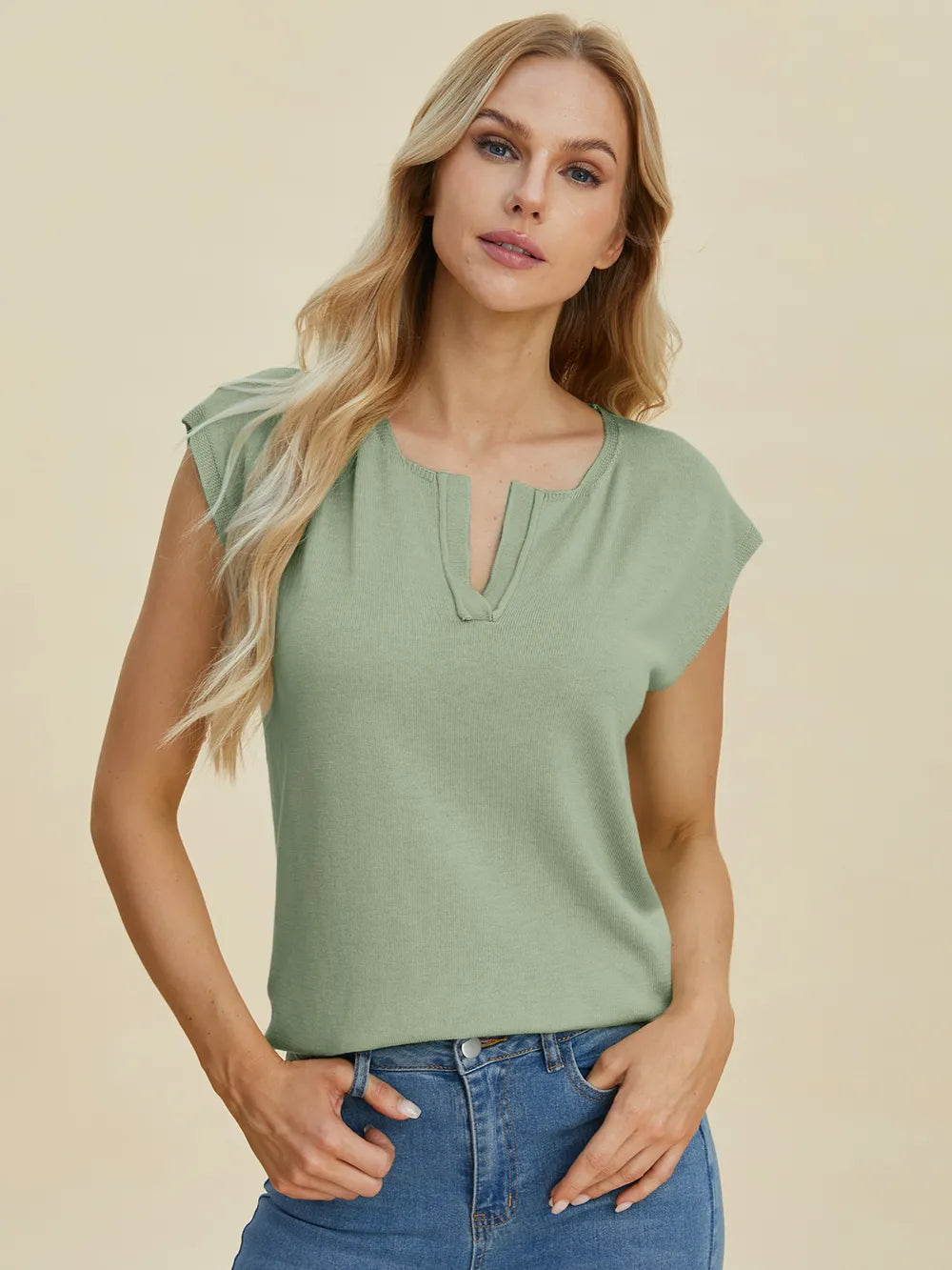 Sarah Express Women's Double Take Notched Cap Sleeve Knit Top Sage