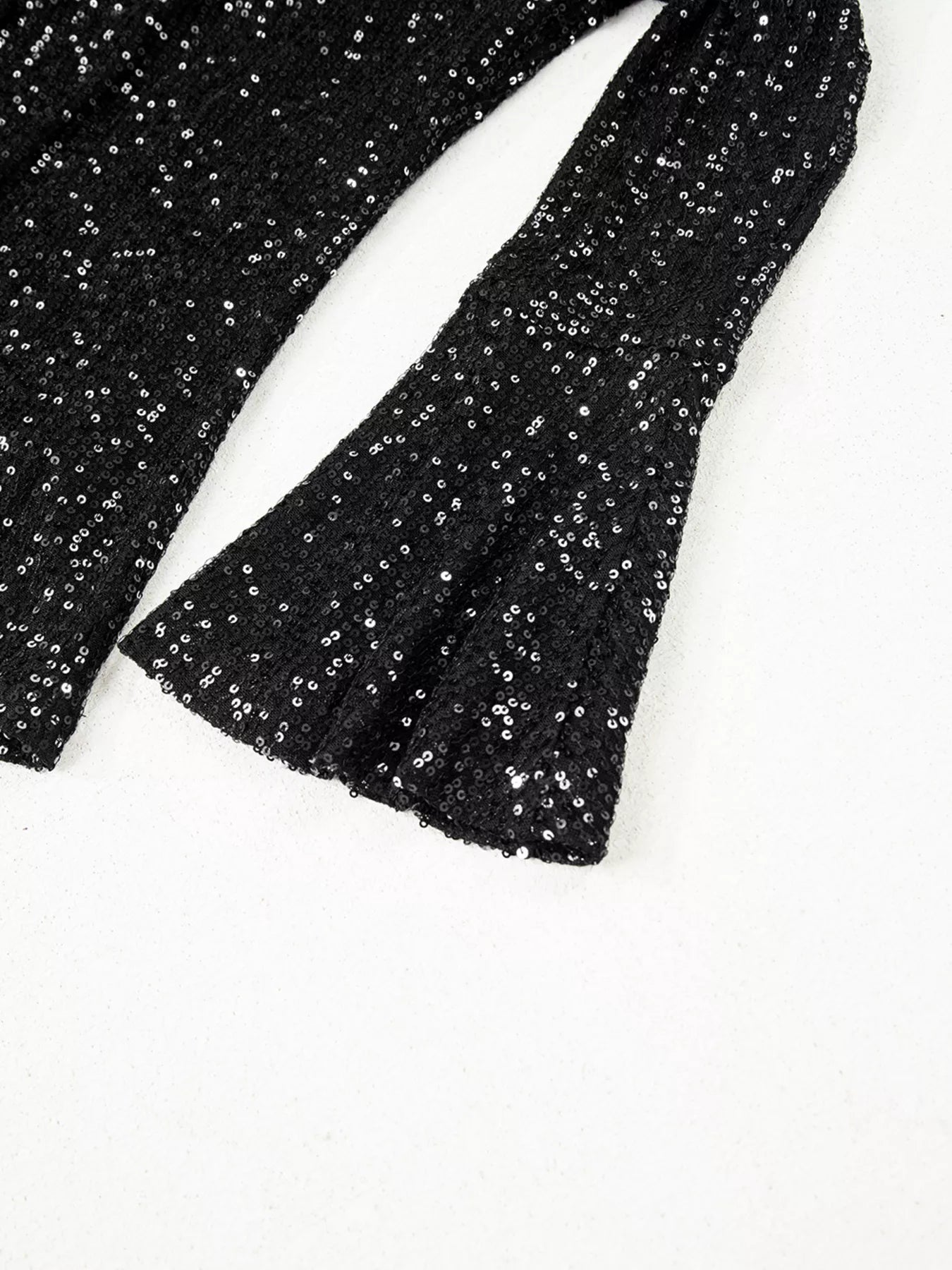 Sarah Express Women's Sequin Mock Neck Bell Sleeve Top - Backless Drape Design