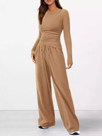 Sarah Express Women's Long Sleeve Top and Wide Leg Pants Set - Two Piece Outfit