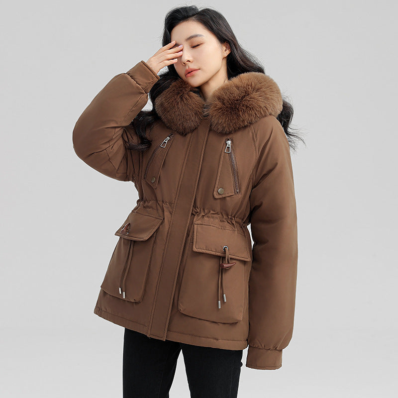 Women's Horn Button Parka Coat with Fur Collar Loose Fit Thick Winter Jacket