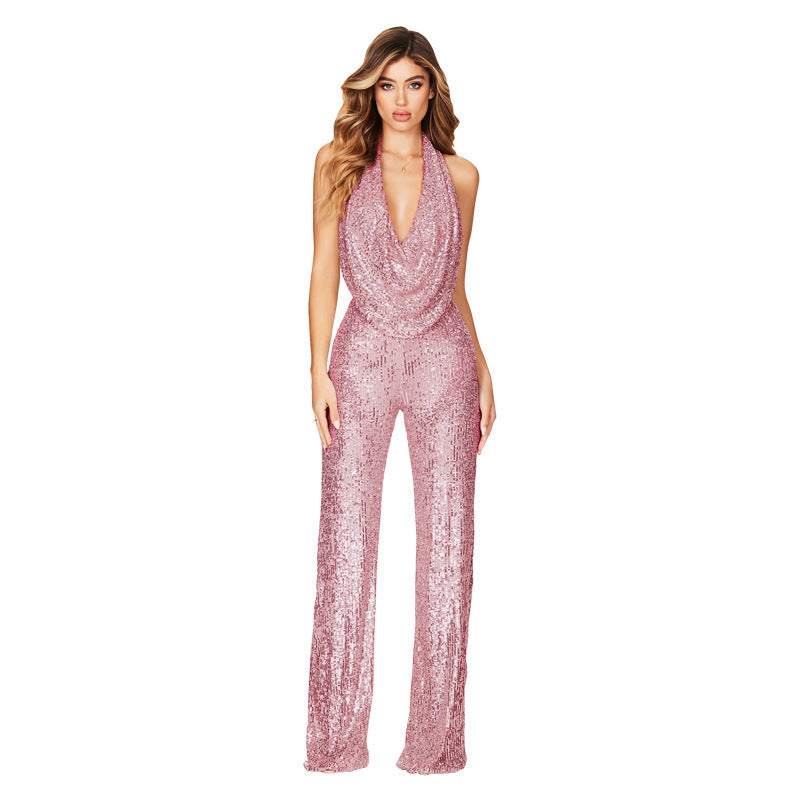 Women's Sequined Halter Jumpsuit Sleeveless Backless Wide Leg Summer Party Evening One-Piece