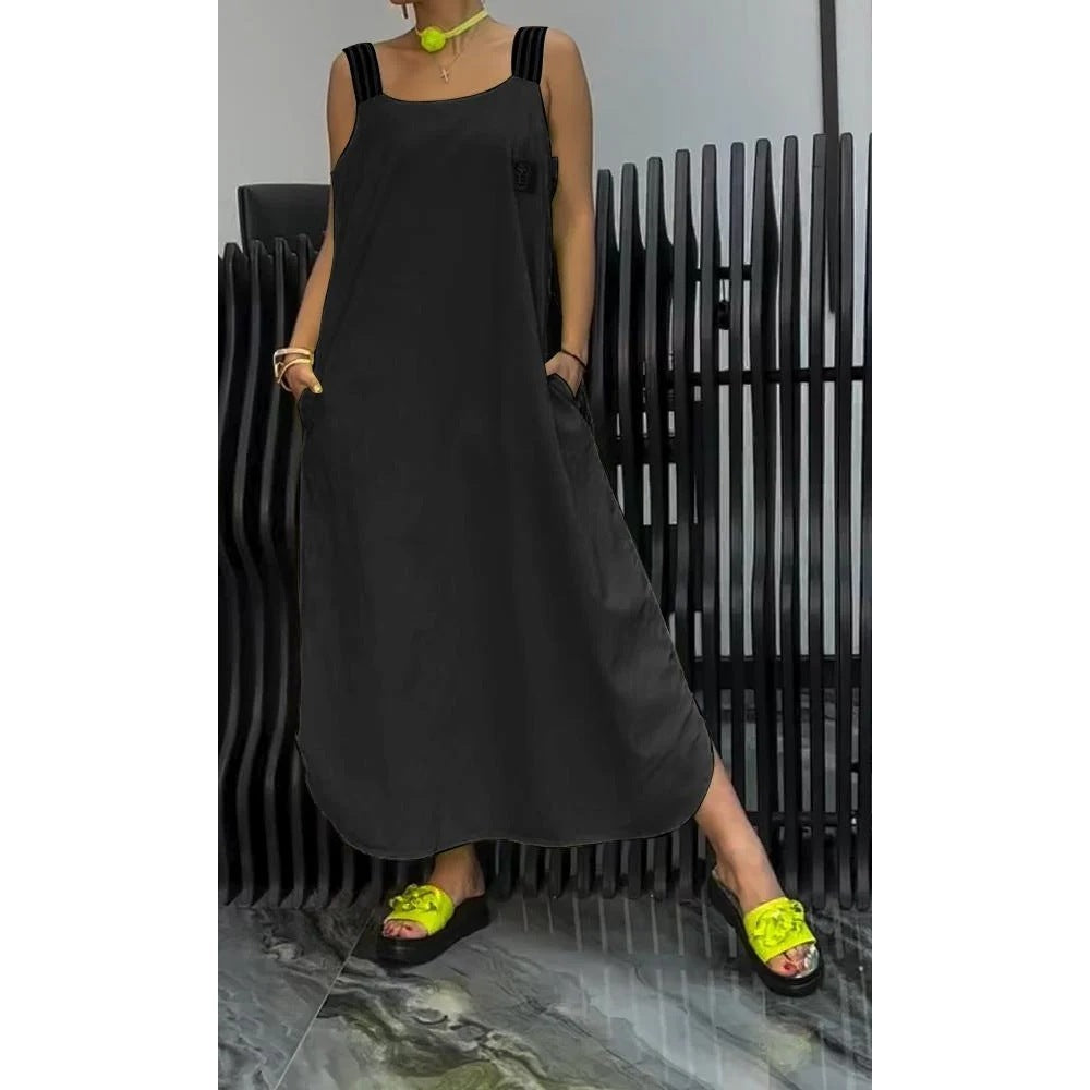 Women's Striped Cotton Linen Maxi Dress Sleeveless Shoulder Strap Dress with Pockets