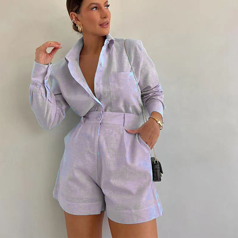 Women's Long Sleeve Blazer and Shorts Two-Piece Suit Set Professional Casual