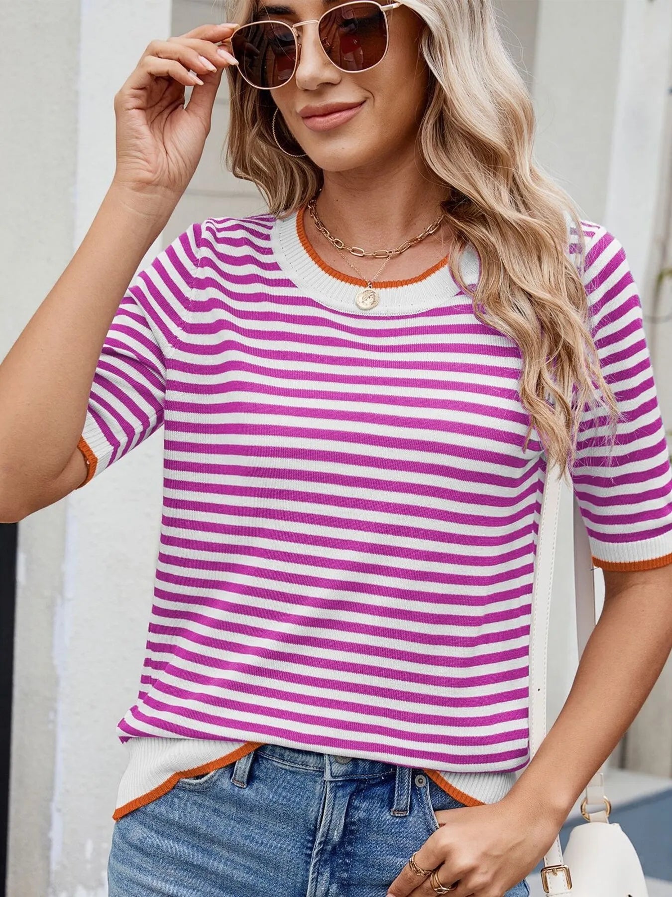 Sarah Express Women's Striped Casual T-Shirt with Contrast Trim