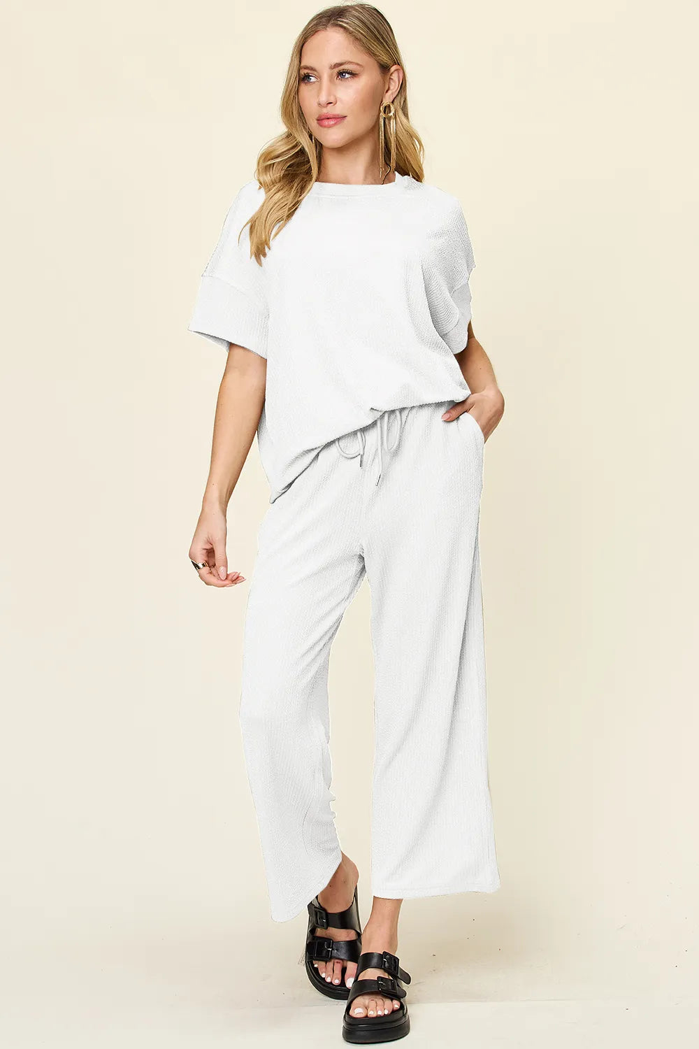 Sarah Express Women's Textured Round Neck T-Shirt and Wide Leg Pants Set