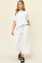 Sarah Express Women's Textured Round Neck T-Shirt and Wide Leg Pants Set
