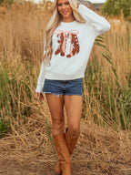 Sarah Express Women's Embroidered Bow Boots Graphic Drop Shoulder Sweater