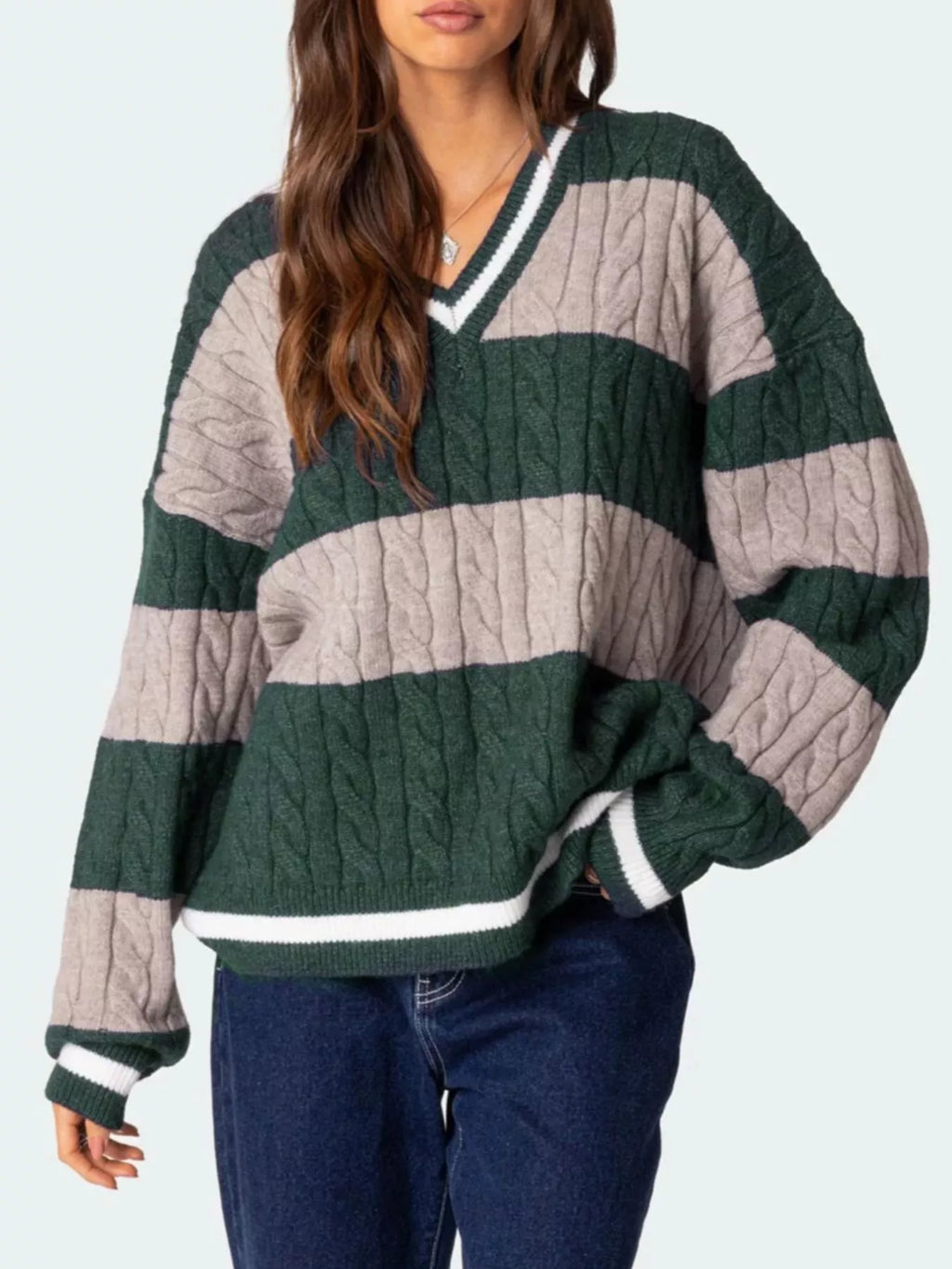 Sarah Express Women's Striped Cable Knit V-Neck Sweater - Oversized Fit