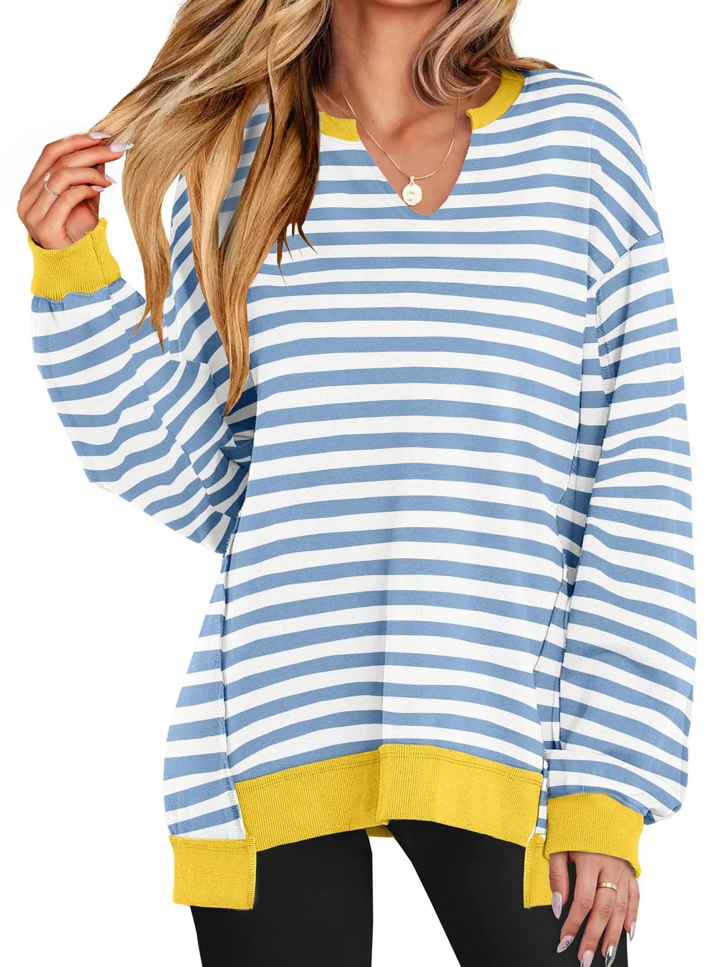 Sarah Express Women's Notched Long Sleeve Oversized Sweatshirt Light Blue Stripes