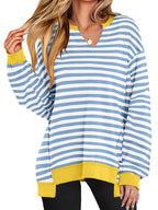 Sarah Express Women's Notched Long Sleeve Oversized Sweatshirt Light Blue Stripes