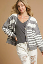 Sarah Express Women’s Stripe Cable-Knit Button-Up Cardigan Casual Fall Winter