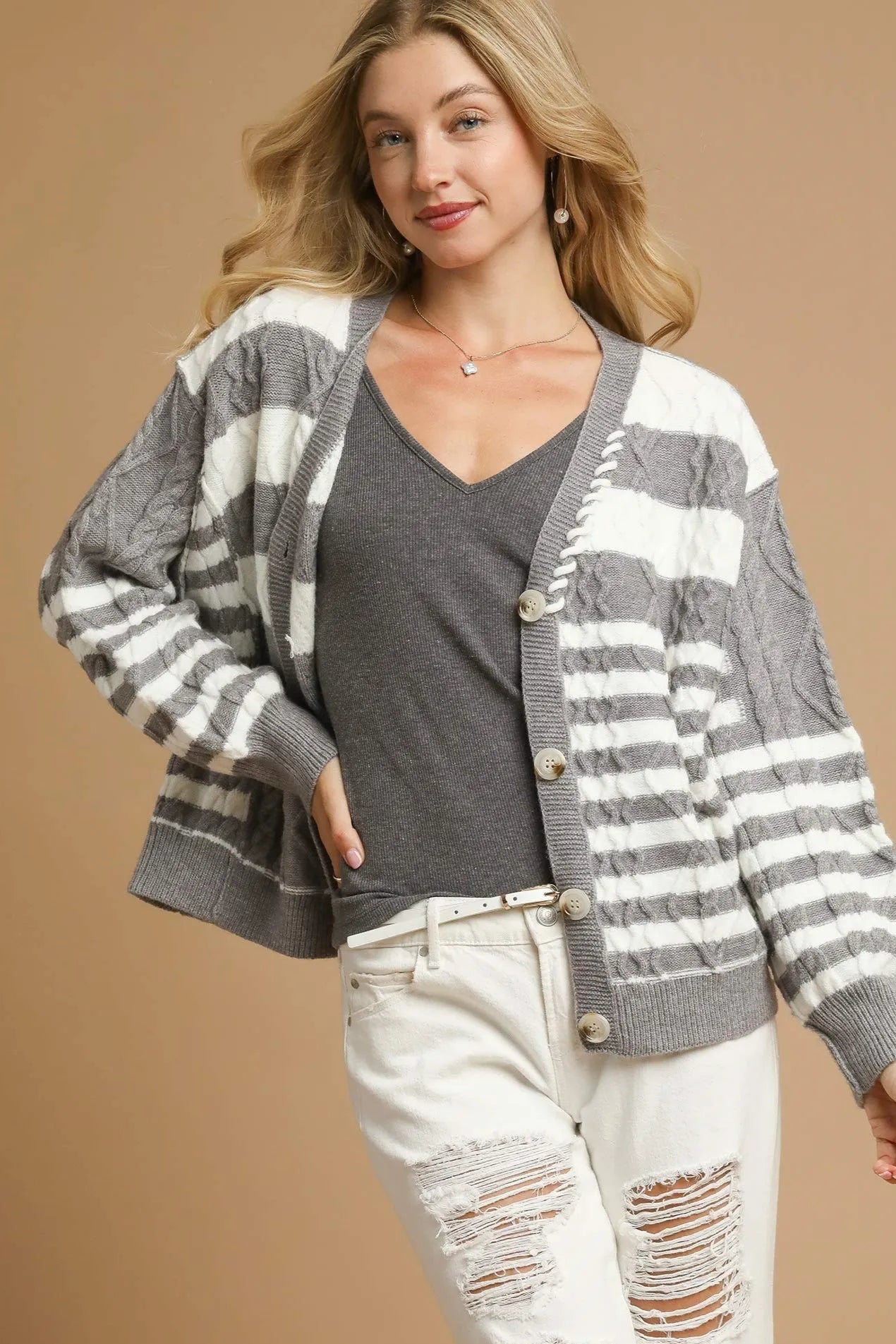 Sarah Express Women’s Stripe Cable-Knit Button-Up Cardigan Casual Fall Winter