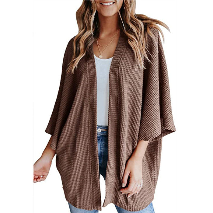 Women's Waffle Knit Bat Sleeve V-Neck Cardigan