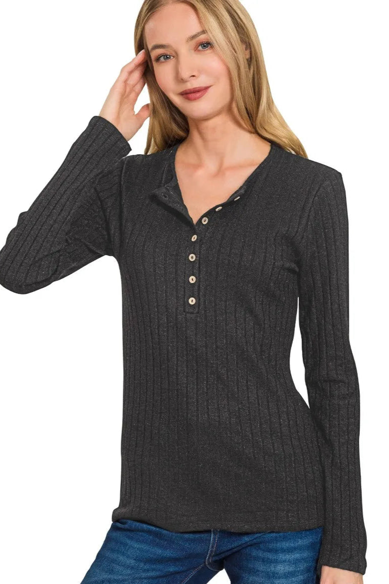 Sarah Express Women’s Ribbed Half Button Long Sleeve Top Casual