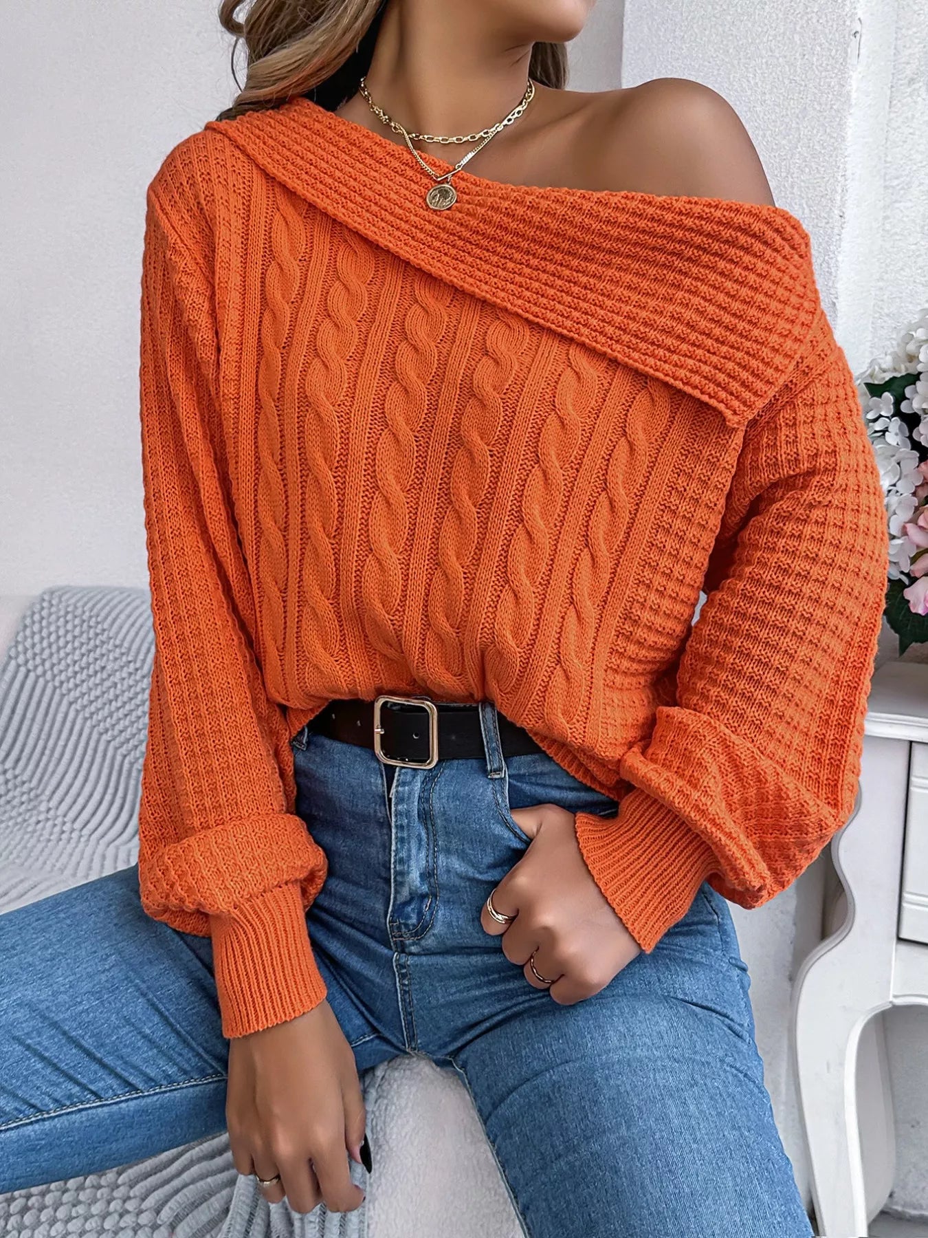 Sarah Express Women's Off-Shoulder Cable Knit Sweater Pumpkin