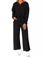 Sarah Express Women's Side Slit Textured Top and Drawstring Pants Set