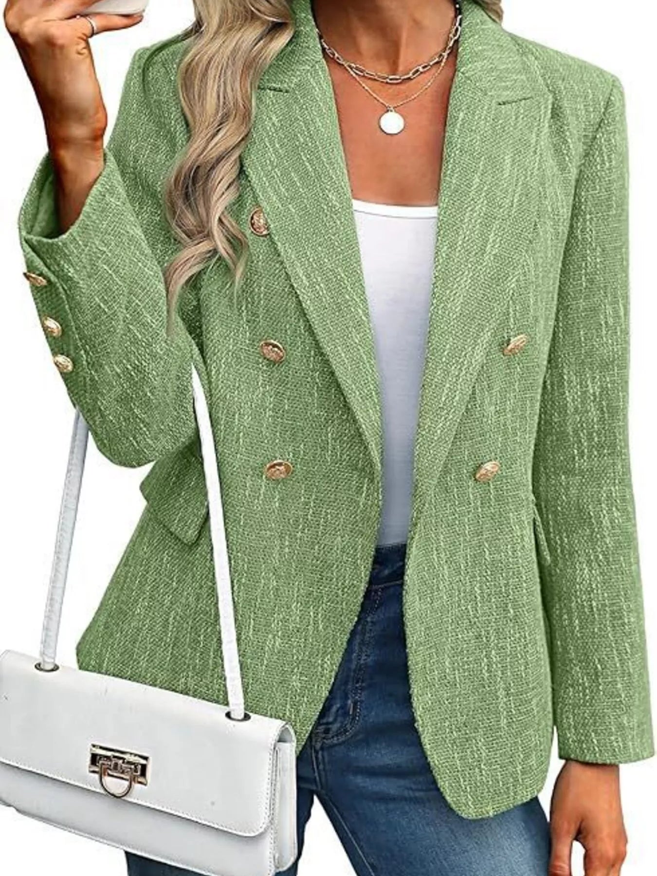 Sarah Express Women's Double-Breasted Lapel Collar Blazer Green