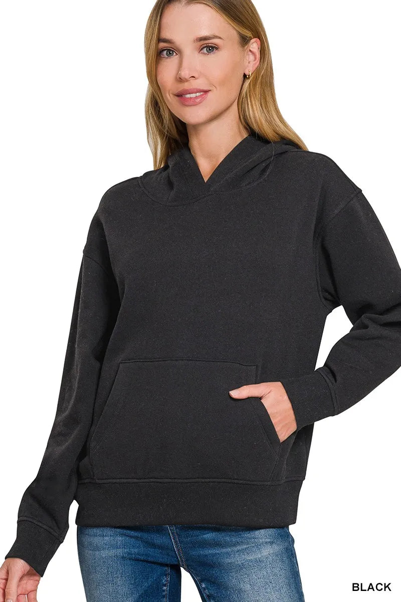 Trendsi Zenana Fleece Kangaroo Pocket Hoodie BLACK