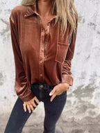 Sarah Express Women's Velvet Button-Up Long Sleeve Shirt Plus Size