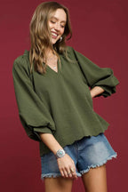 Sarah Express Women’s Plus Size Textured Notched Balloon Sleeve Blouse
