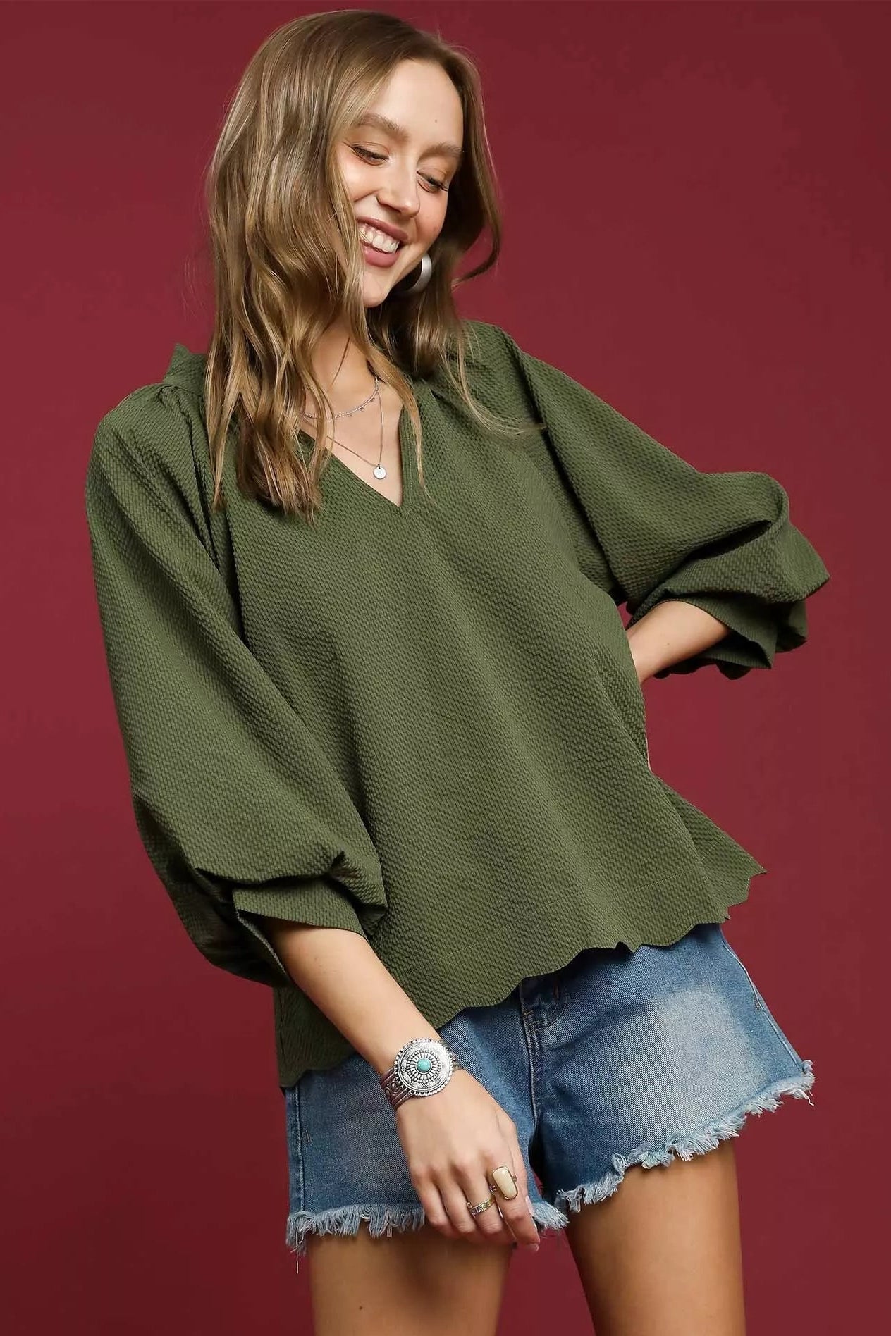 Sarah Express Women’s Plus Size Textured Notched Balloon Sleeve Blouse
