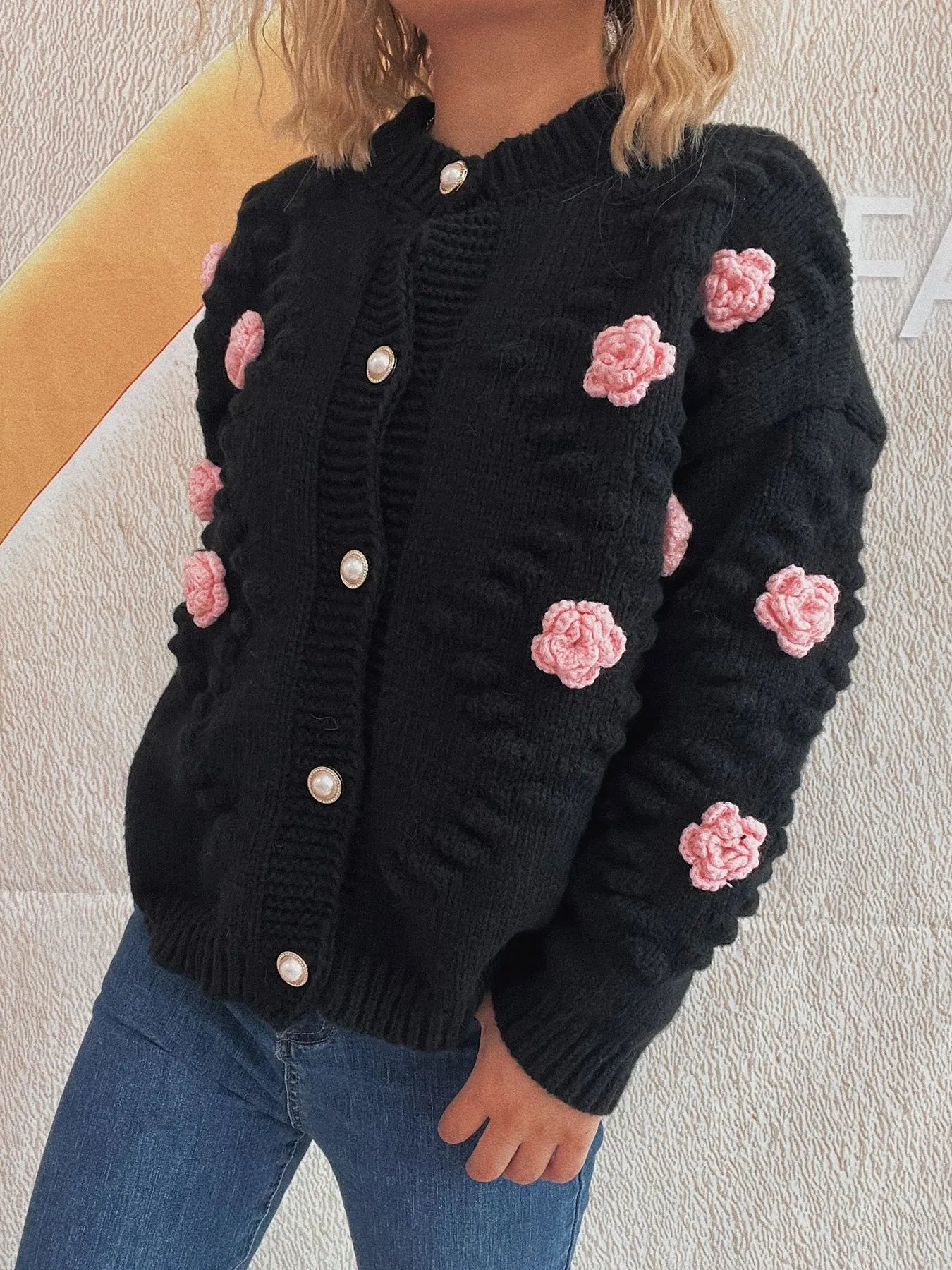 Sarah Express Women's Flower Button Up Long Sleeve Cardigan Black One Size