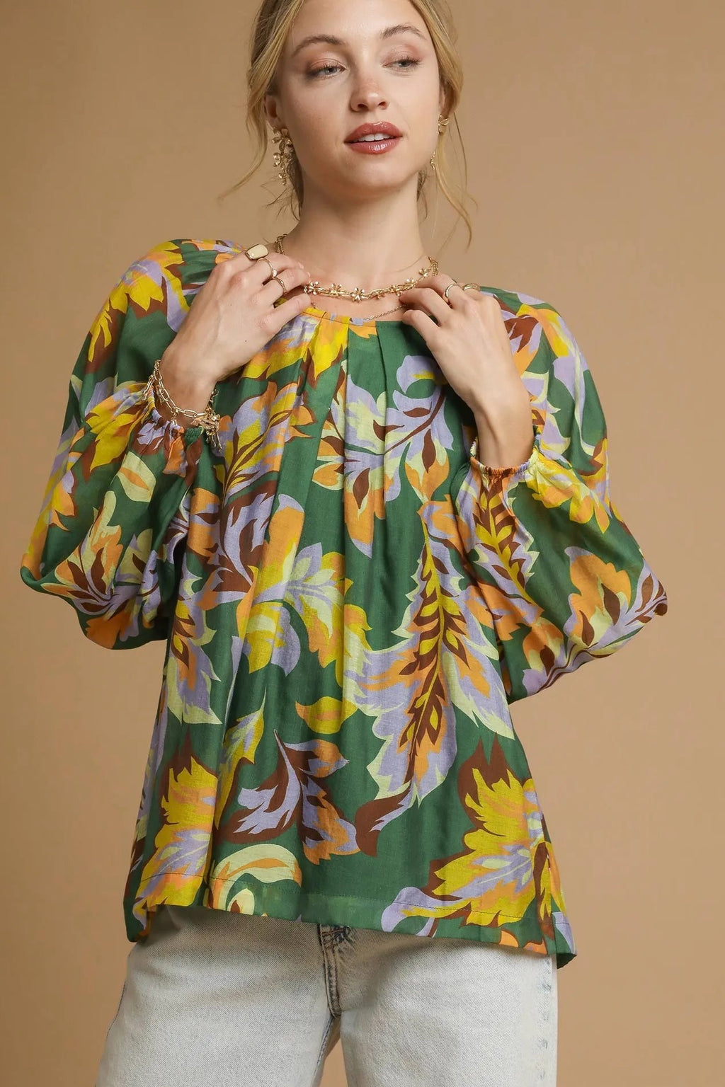 Sarah Express Women’s Abstract Print Balloon Sleeve Blouse Casual All-Season GREEN MIX