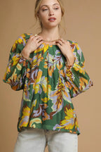 Sarah Express Women’s Abstract Print Balloon Sleeve Blouse Casual All-Season GREEN MIX