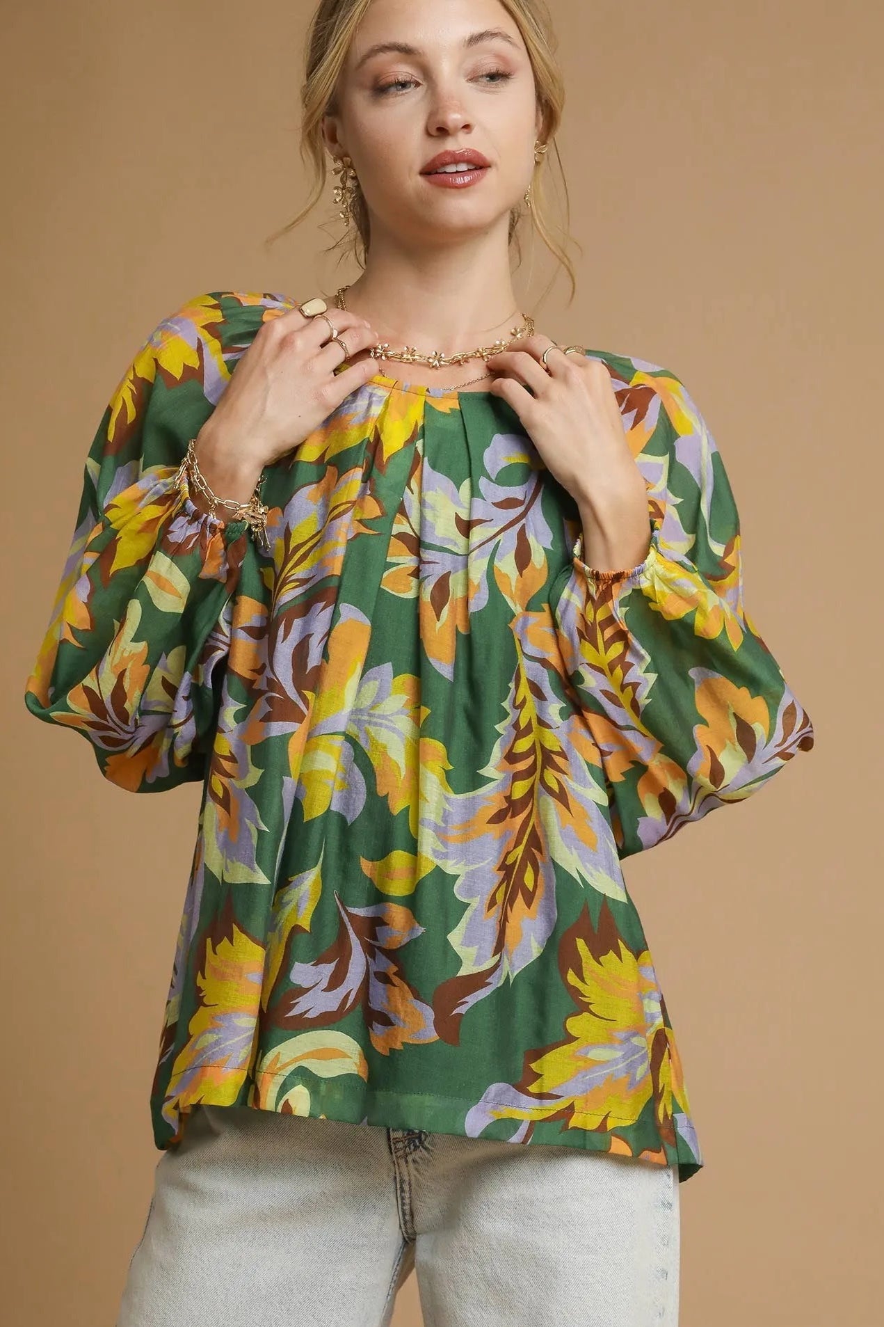 Sarah Express Women’s Abstract Print Balloon Sleeve Blouse Casual All-Season GREEN MIX