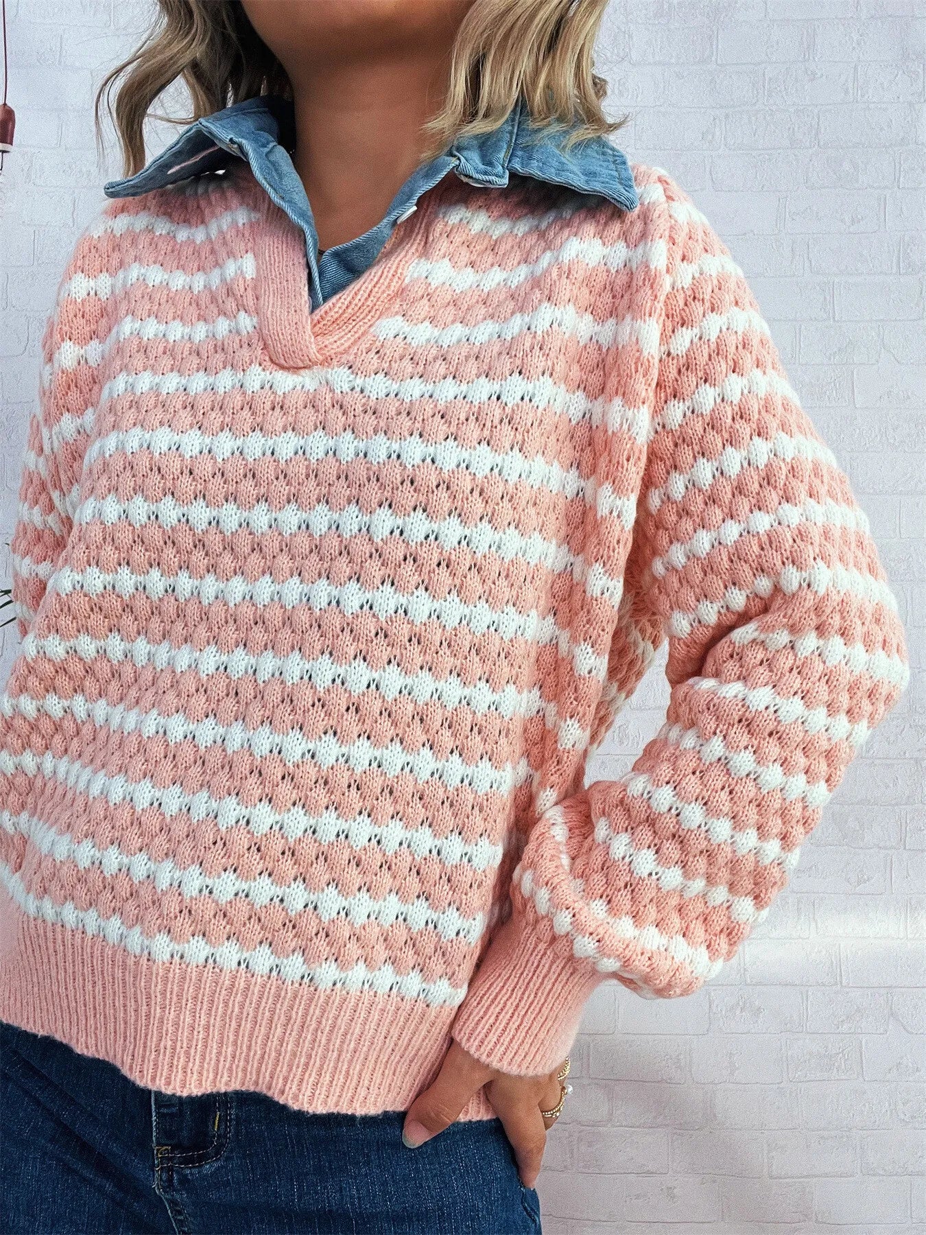 Sarah Express Women's Contrast Striped Sweater with Denim Collar - Openwork Knit Pullover