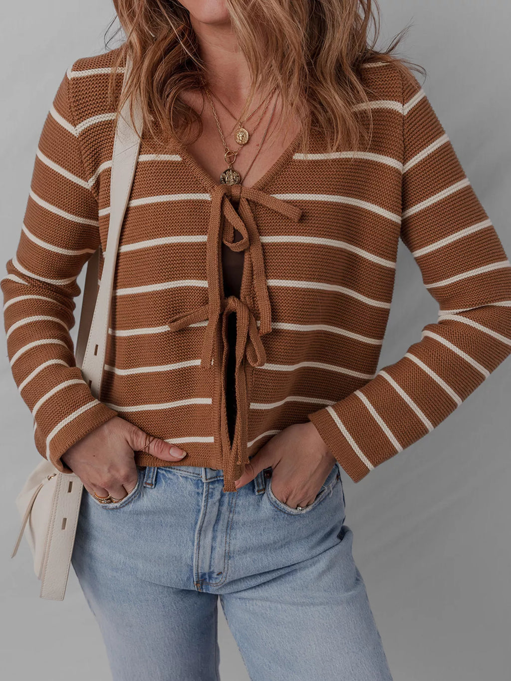 Sarah Express Women's Tie Front Striped Knit V Neck Cardigan Caramel