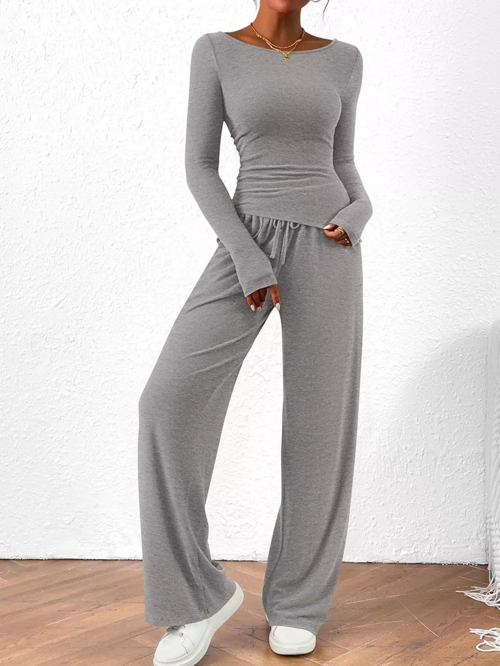 Sarah Express Women's Long Sleeve Top and Wide Leg Pants Set - Two Piece Outfit